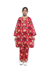 Plum Fine Lawn Dark Pink Colour Printed Yellow Green Flowers Embroidered Yellow threads On 2 pc suit For Girls.